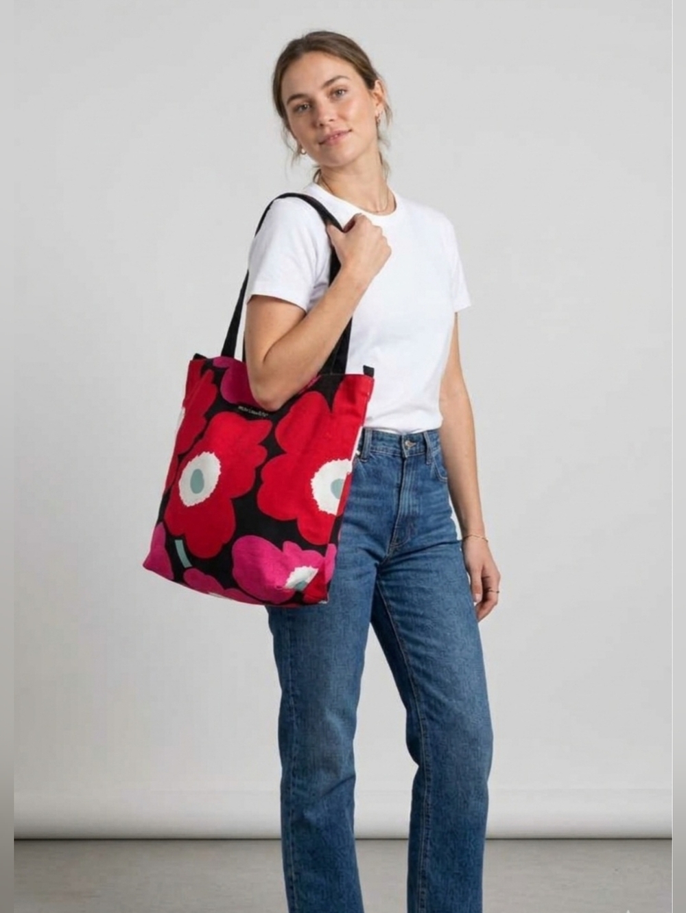 Marimekko Red Pink Poppy Canvas Tote Bag